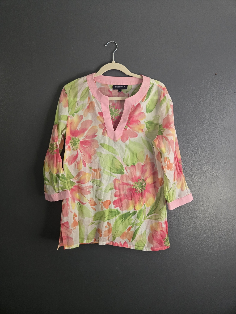 Jones New York Signature  Cotton 3/4 Sleeve Watercolor Floral Tunic Large